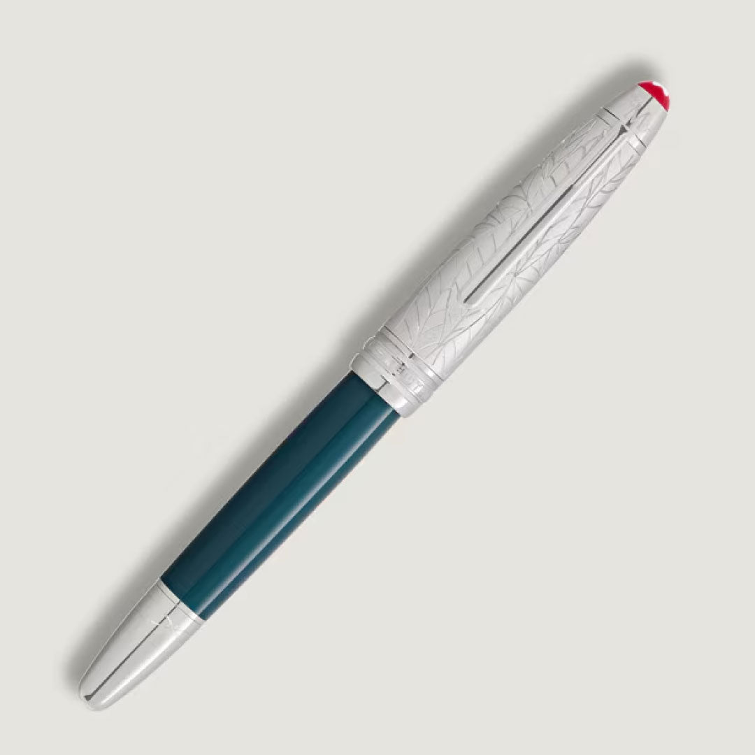 The Montblanc Meisterstück Romeo & Juliet LeGrand Rollerball Pen features a teal barrel, silver-toned cap and tip with an engraved leaf pattern, and a red accent, all crafted from precious resin.