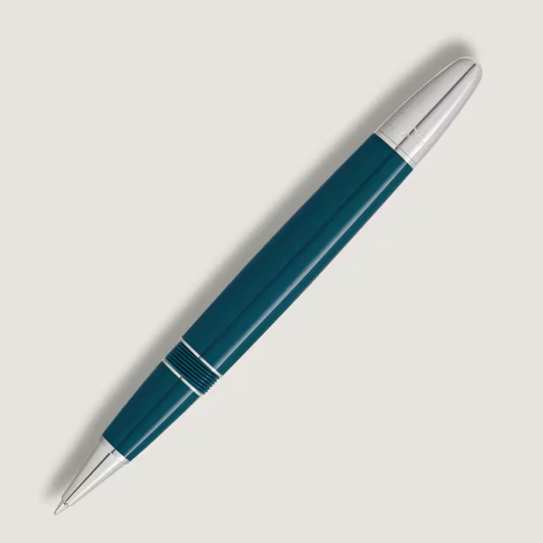 The Montblanc Meisterstuck Romeo & Juliet LeGrand Rollerball Pen features a teal precious resin body with silver accents on the tip, middle, and end, shown diagonally on a light grey background.