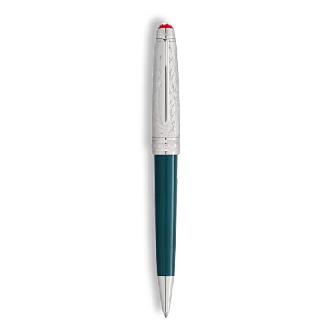 The Montblanc Meisterstuck Romeo & Juliet Doue Midsize Classique Ballpoint Pen features a silver engraved cap, red tip, and dark green precious resin barrel, shown vertically on a white background.