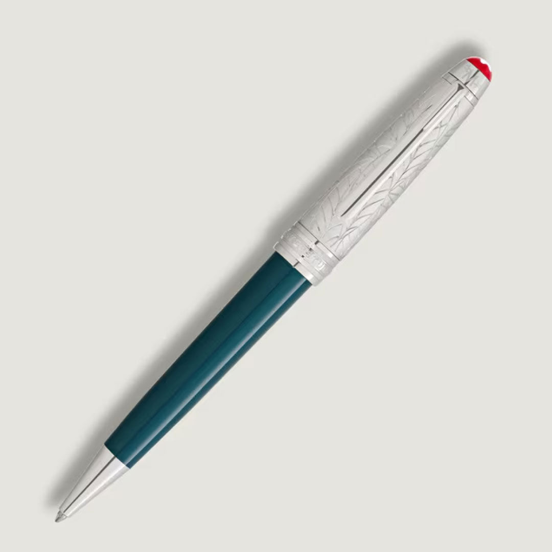 The Montblanc Meisterstuck Romeo & Juliet Doue Midsize Classique Ballpoint Pen boasts a sleek teal precious resin body, a silver engraved cap, and a cap top adorned with a small red lips design.