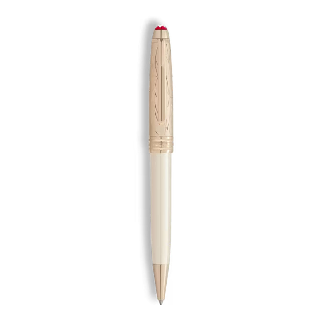 The Montblanc Meisterstuck Romeo & Juliet Doue Classique Ballpoint Pen features a cream body, gold-toned cap with engraved leaf pattern, and a red accent on top, shown against a white background.