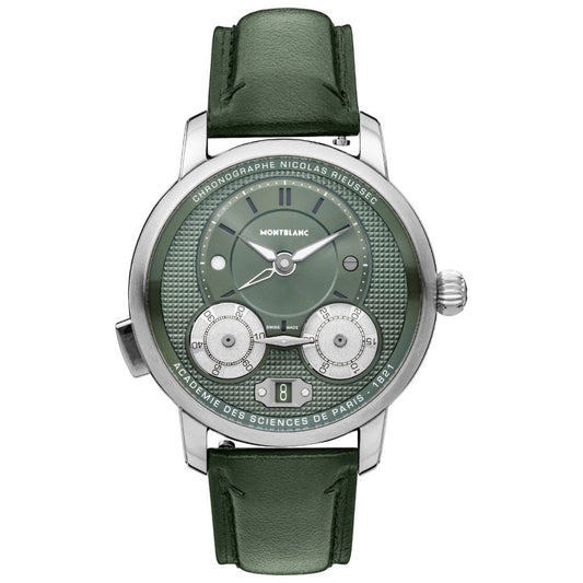 The Montblanc Star Legacy Nicolas Rieussec Chronograph Automatic 43mm Watch features a green textured dial, silver hour markers, two sub-dials, a date window, and a green leather strap with a classic round silver case.
