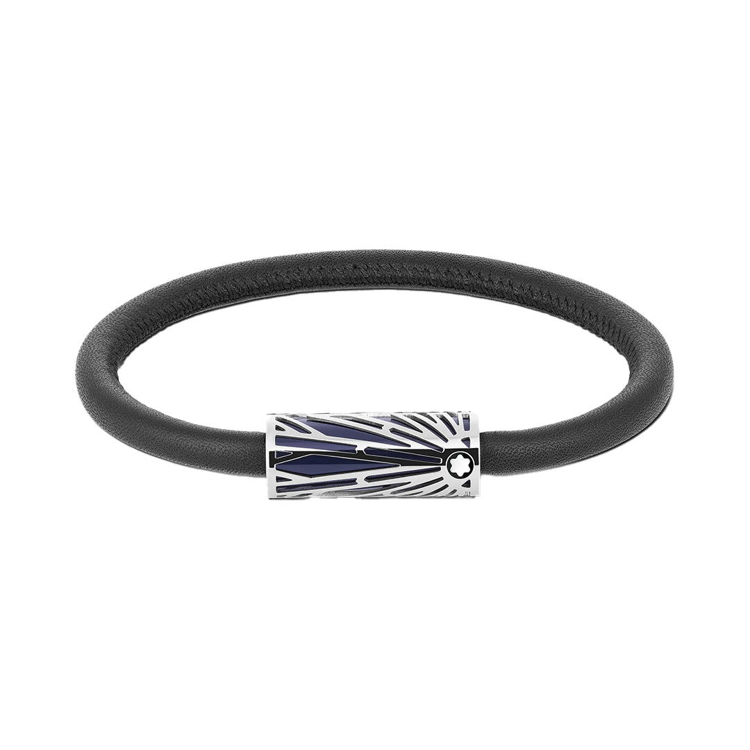 The Montblanc Meisterstuck The Origin Collection Leather Bracelet features a sleek black design with a stainless steel clasp adorned in a starry sky and shooting star motif, enhanced by a subtle Solitaire pattern, adding sophistication to any ensemble.