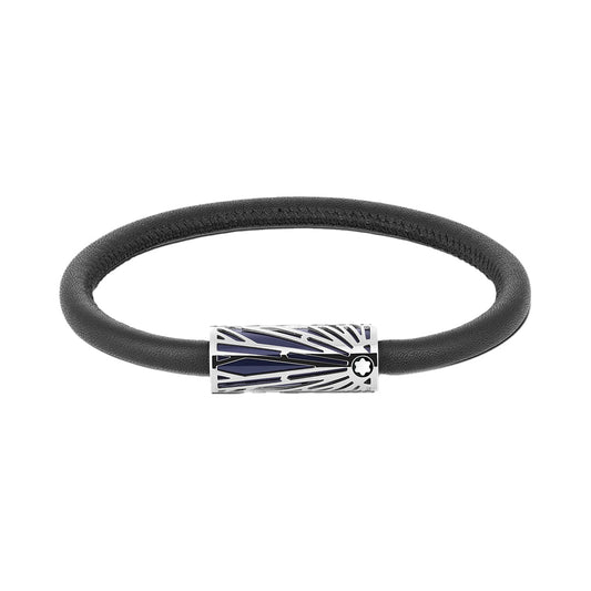The Montblanc Meisterstuck The Origin Collection Leather Bracelet features a sleek black design with a stainless steel clasp adorned in a starry sky and shooting star motif, enhanced by a subtle Solitaire pattern, adding sophistication to any ensemble.