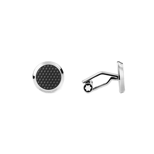 Introducing the Montblanc Meisterstück Black Cufflinks, crafted from stainless steel with a sleek and minimalist design. These cufflinks feature a round black lacquer center with a hexagonal pattern. One is displayed from the front, and the other from the side to showcase the clasp mechanism.