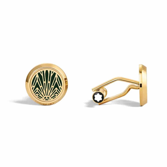Montblanc's Meisterstuck The Origin Collection Green Cufflinks showcase a circular design adorned with a striking green lacquer inlay, resembling a stylized leaf or fan. The back features an innovative fastening mechanism accented by a small star motif.