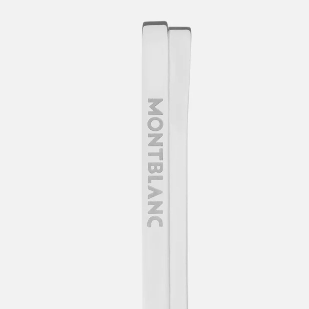 A close-up of two sleek Montblanc Great Characters Homage To The Great Gatsby Stainless Steel Money Clips, with "MONTBLANC" vertically embossed on one, stands out elegantly against a plain white background.