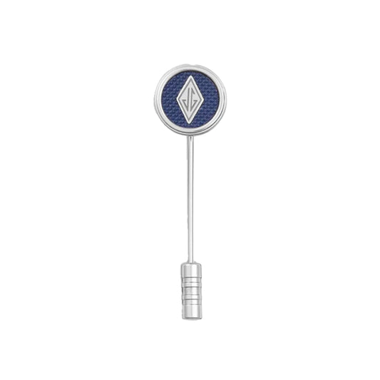 The Montblanc Great Characters Homage To The Great Gatsby Stainless Steel Lapel Pin features a circular top with a textured blue background and a stylized silver emblem, reminiscent of Gatsby's elegance.