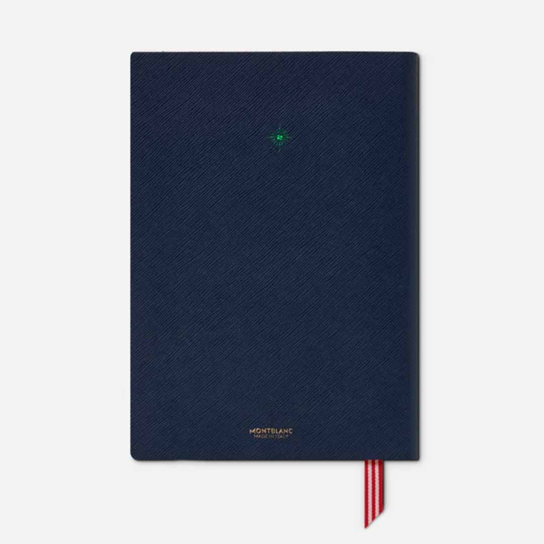 The Montblanc Great Characters Homage to the Great Gatsby #146 Blue Lined Notebook showcases a sophisticated navy hue with a subtle texture on a white background. This elegant piece includes a small green star at its center and is complemented by a red and white striped ribbon bookmark, representing the refined craftsmanship of blue leather.