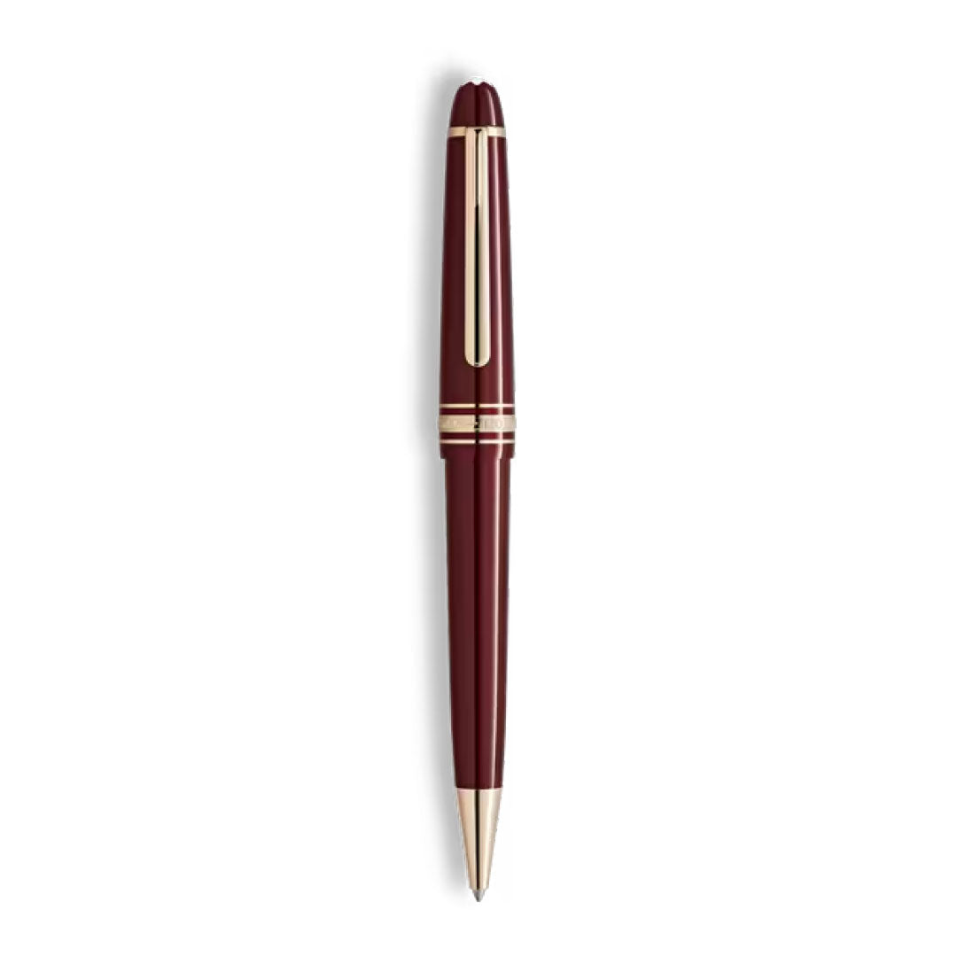 A Montblanc Meisterstuck Burgundy Midsize Ballpoint Pen by Montblanc, with gold accents and clip, is displayed vertically on a white background.
