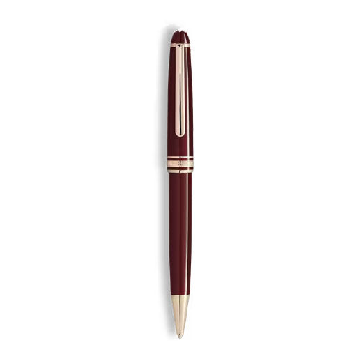 A Montblanc Meisterstuck Burgundy Red Classique Ballpoint Pen by Montblanc with gold fittings and a clip, displayed vertically on a white background.