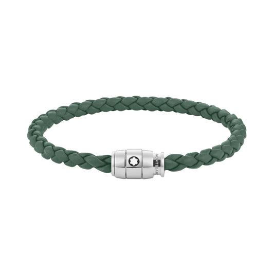 A Montblanc 3 Rings Steel Woven Green Leather Bracelet, crafted from green braided leather and adorned with a polished stainless steel clasp showcasing a small black and white Montblanc emblem.