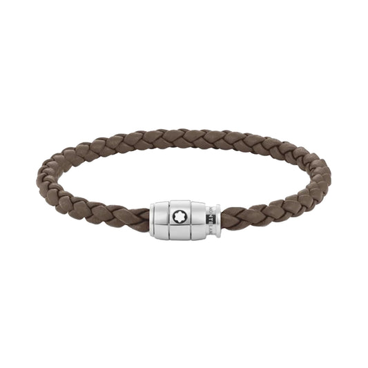The Montblanc 3 Rings Steel Woven Brown Leather Bracelet features a braided brown mastic leather design with a polished stainless steel cylindrical clasp, elegantly engraved with the Montblanc emblem. This simple yet sophisticated bracelet is perfect for both casual and formal occasions.