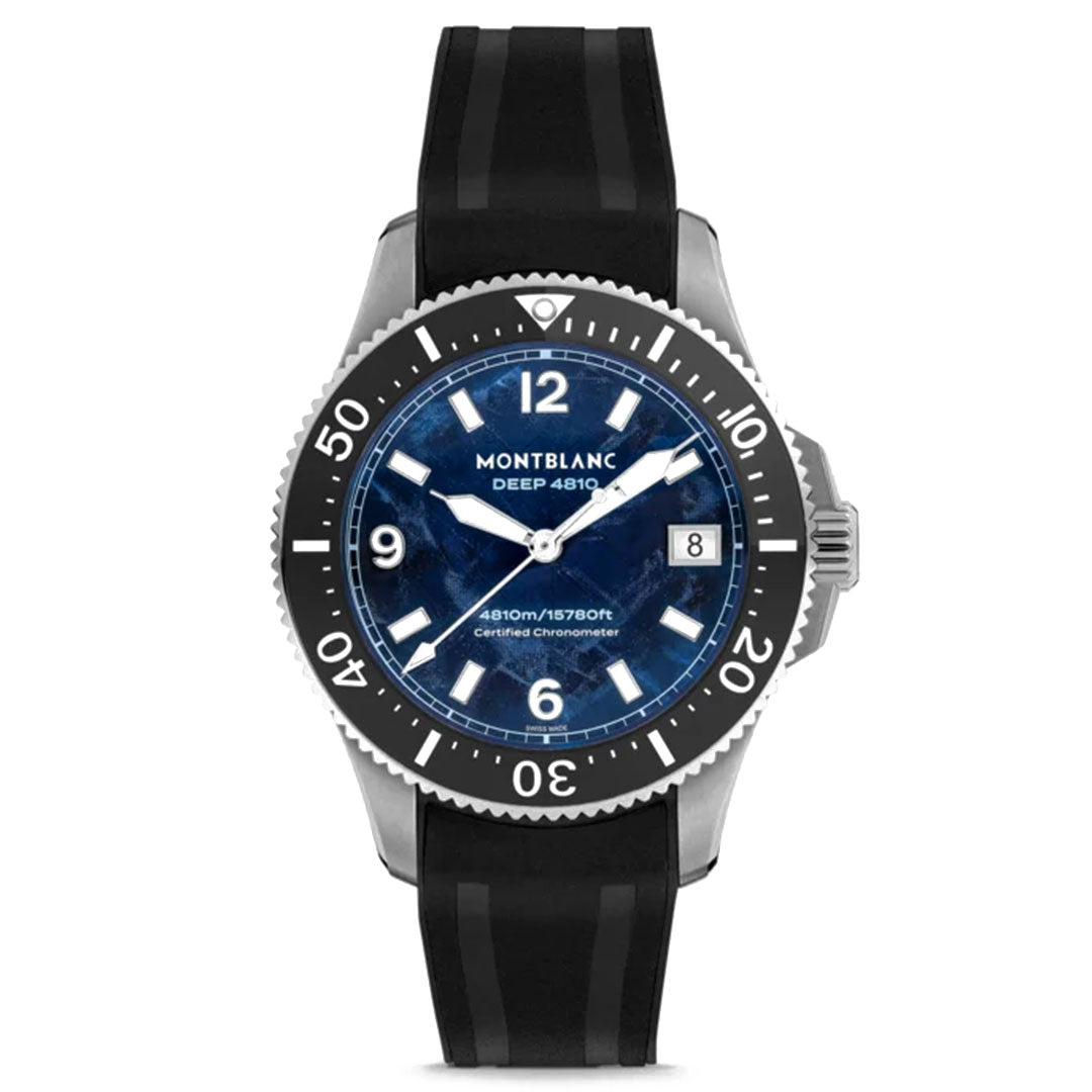 The Montblanc Iced Sea 0 Oxygen Automatic 43mm Watch is a luxury diving timepiece featuring a black rubber strap and a silver bezel. Its deep blue glacier pattern dial is elegantly adorned with silver hour markers, luminescent hands, and a date display. "Montblanc Iced Sea" is gracefully printed on the dial.