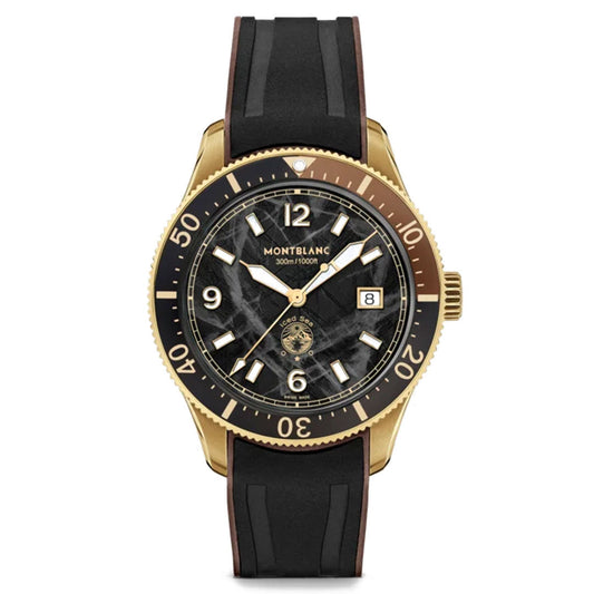 The Montblanc Iced Sea Automatic 41mm Watch is a luxurious timepiece featuring a gold-tone bezel and a black dial adorned with gold numerals and hands. It includes a date indicator at the 3 o'clock position, complemented by a textured glacier pattern on the dial, and comes with a black strap.