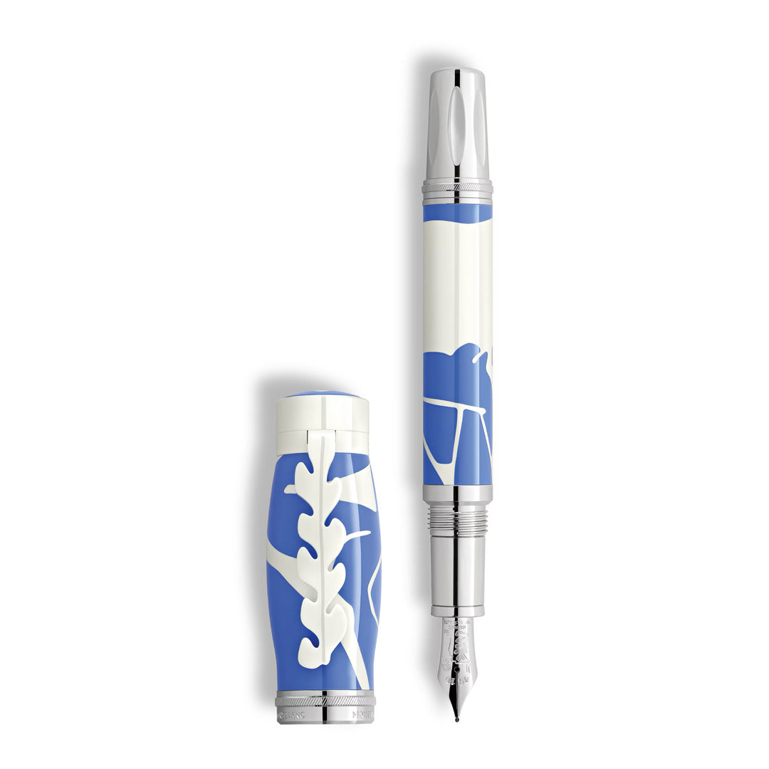 The Montblanc Masters of Art Homage to Henri Matisse Limited Edition 4810 Fountain Pen, a white and light blue luxury pen featuring abstract leaf and plant motifs, is shown with its cap removed and standing upright beside it.