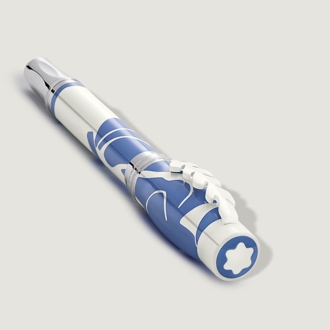 The Montblanc Masters of Art Homage to Henri Matisse Limited Edition 4810 Fountain Pen features a sculpted hand design on its blue and white barrel with silver accents, inspired by Matisse, displayed on a light gray background.