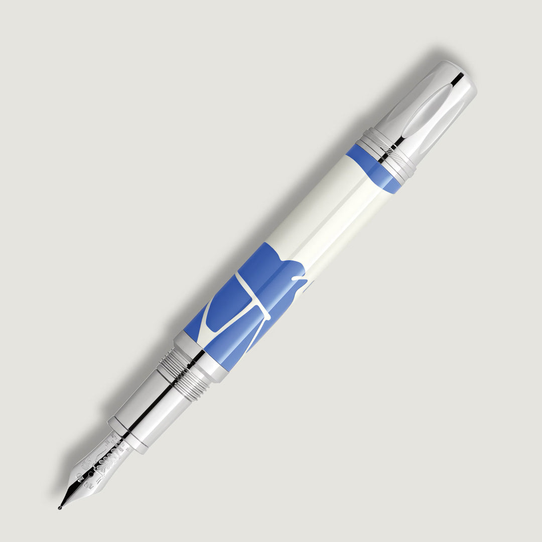 The Montblanc Masters of Art Homage to Henri Matisse Limited Edition 4810 Fountain Pen features a silver and white design with blue abstract accents, reflecting artistic flair on a light gray background.