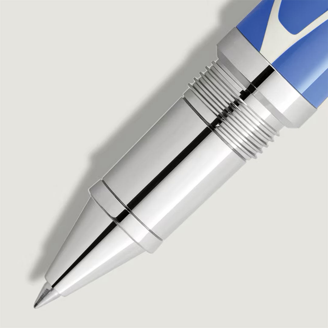Close-up of the Montblanc Masters of Art Homage to Henri Matisse Limited Edition 4810 Rollerball Pen, featuring a shiny silver tip with a blue and white barrel—a true luxury writing instrument from Montblanc.