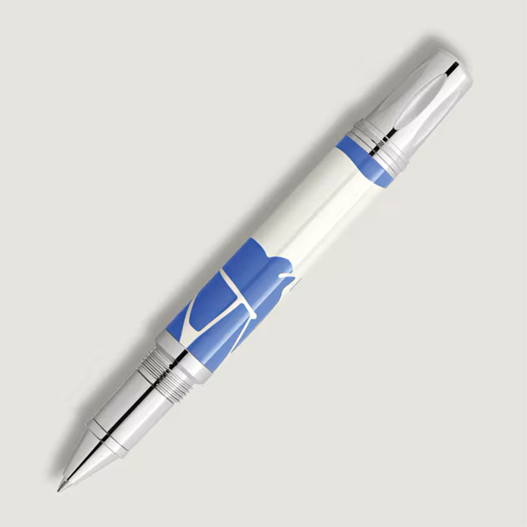 The Montblanc Masters of Art Homage to Henri Matisse Limited Edition 4810 Rollerball Pen, a silver and blue glossy luxury pen with a white abstract barrel design, is displayed against a plain light gray background.