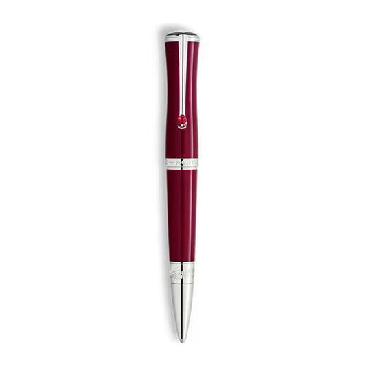 The Montblanc Maria Callas Special Edition Ballpoint Pen features a rich burgundy hue with silver accents and clip, shown standing vertically on a white background.