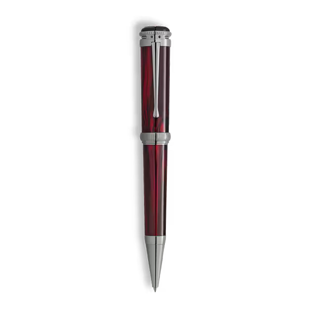 The Montblanc Writers Edition Homage to Bram Stoker Limited Edition Ballpoint Pen features a dark red, glossy barrel with silver-colored clip and tip, its design inspired by Dracula, displayed vertically on a white background.