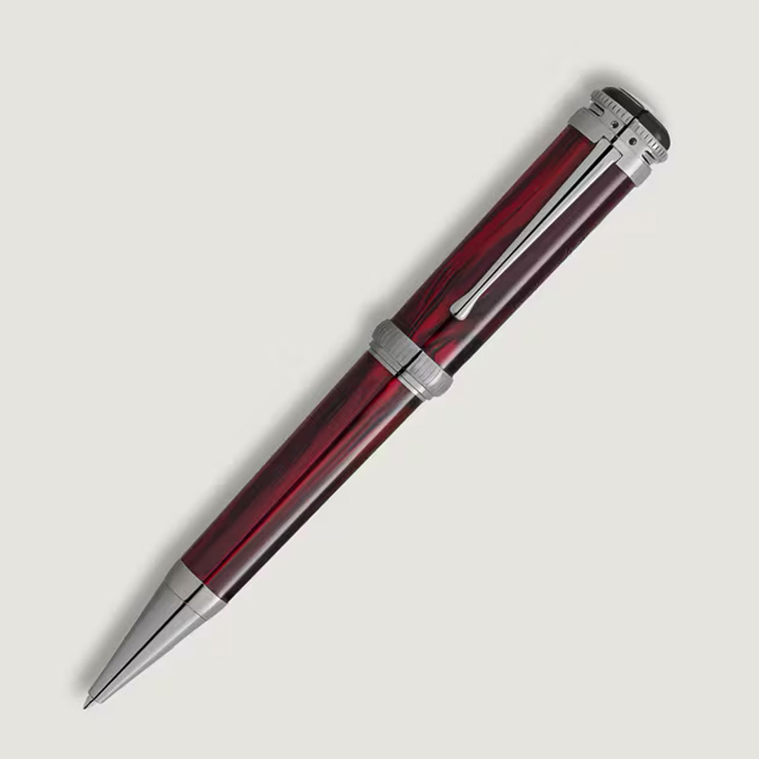 The Montblanc Writers Edition Homage to Bram Stoker Limited Edition Ballpoint Pen features a glossy maroon and black marbled barrel, silver accents, and pocket clip—an elegant tribute to Dracula—displayed on a plain white background.