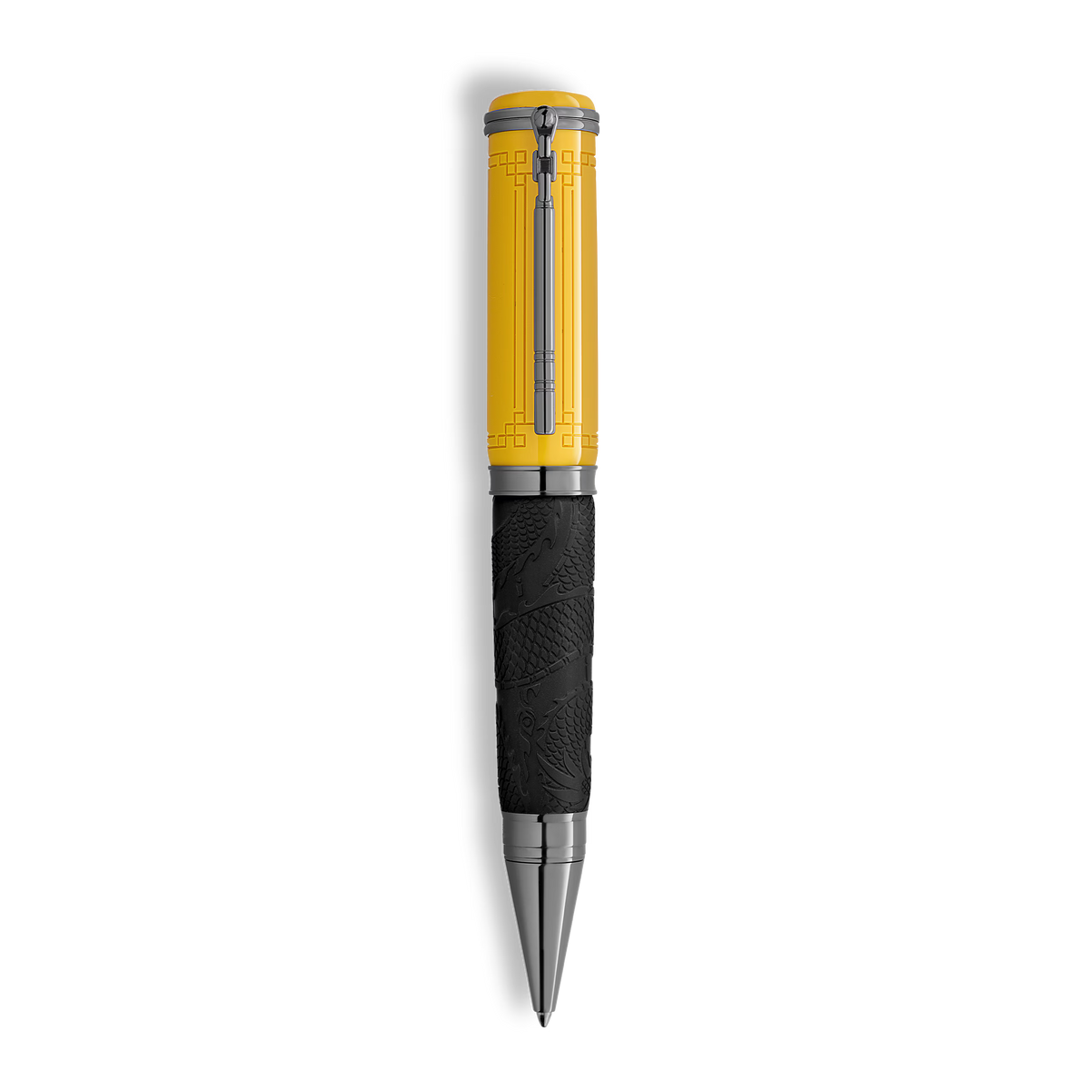 Yellow Montblanc Great Characters Bruce Lee Special Edition ballpoint pen featuring a geometric pattern on the cap and a black barrel with an embossed dragon design.