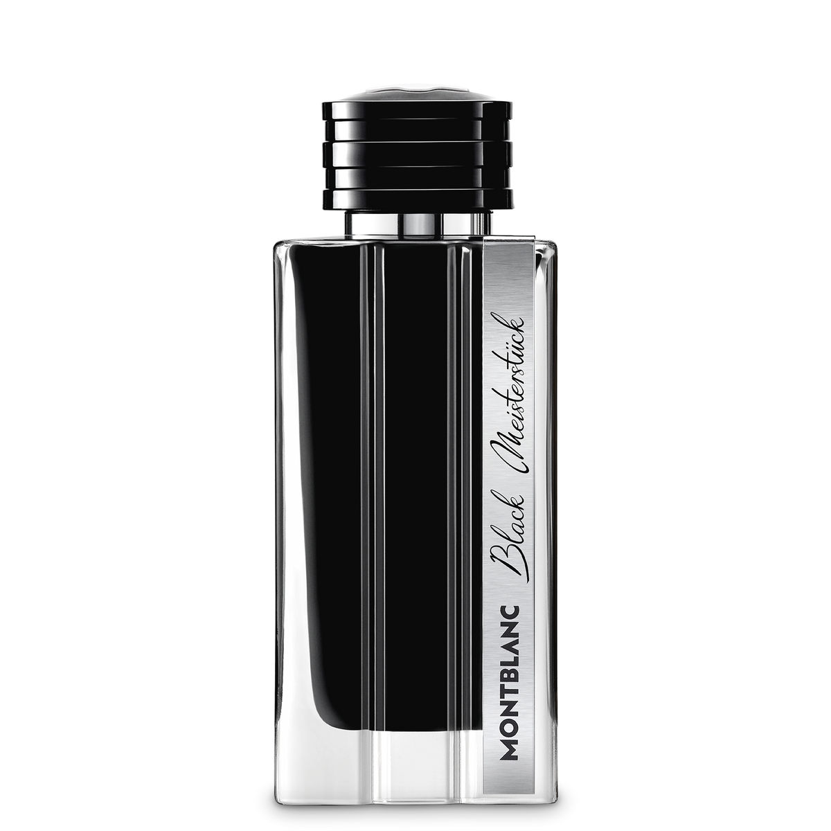 Rectangular glass bottle of Montblanc Collection Black Meisterstück Eau de Parfum 125 ml filled with black liquid, featuring a ridged black cap and a vertical silver label with a logo.