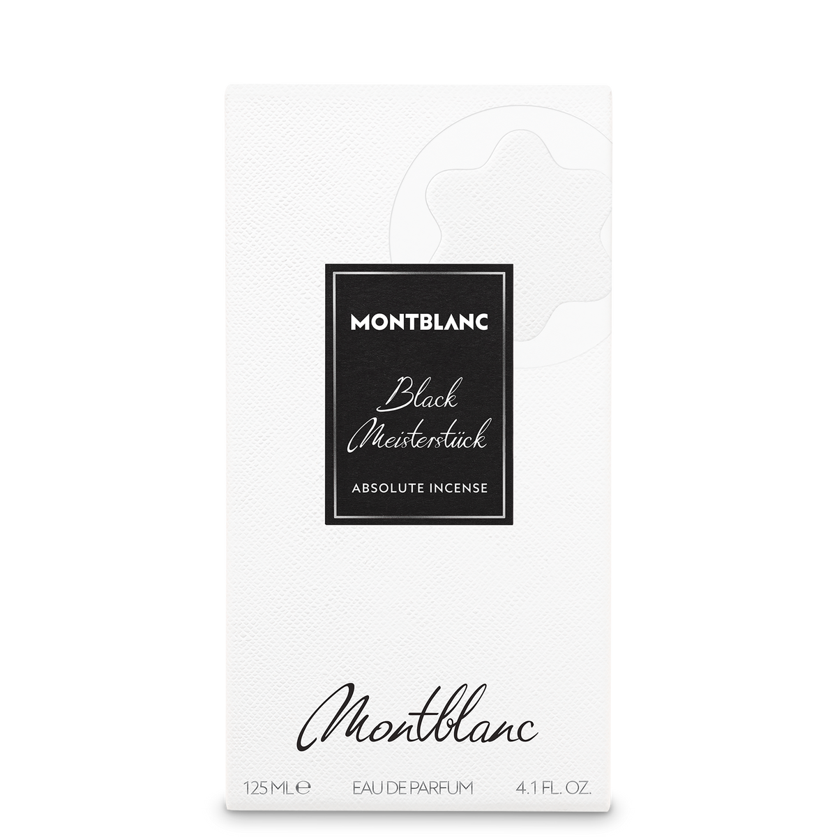 White rectangular perfume box for Montblanc Collection Black Meisterstück Eau de Parfum 125 ml, featuring a black label with text at the bottom reading 125 ML, EAU DE PARFUM, and 4.1 FL. OZ.