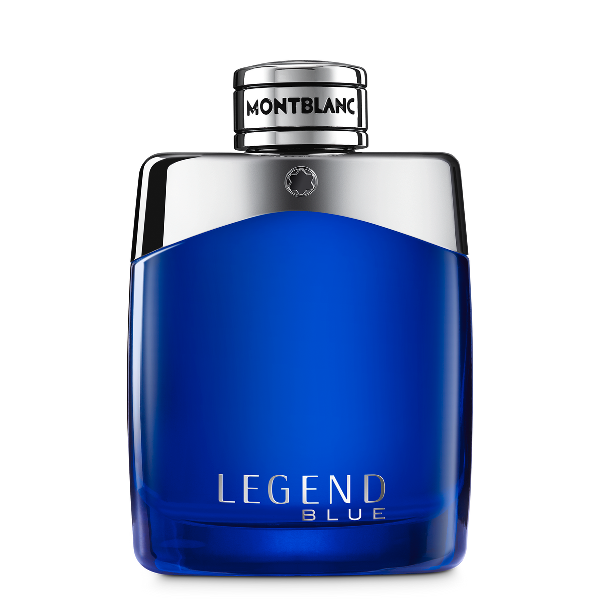 A rectangular blue glass Montblanc Legend Blue Eau de Parfum 100 ml bottle with a silver cap and the text “LEGEND BLUE” on the front.