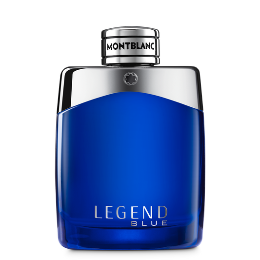 A rectangular blue glass Montblanc Legend Blue Eau de Parfum 100 ml bottle with a silver cap and the text “LEGEND BLUE” on the front.