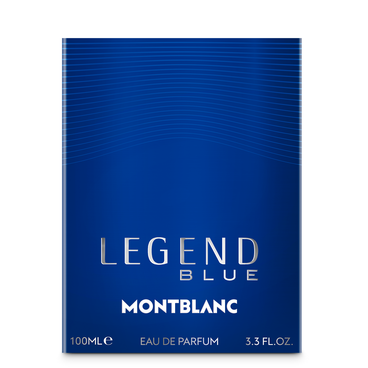Rectangular blue Montblanc Legend Blue Eau de Parfum 100 ml box with subtle horizontal wavy lines, featuring the text “Legend Blue,” “Montblanc,” and “100ml Eau de Parfum” for this woody scent.