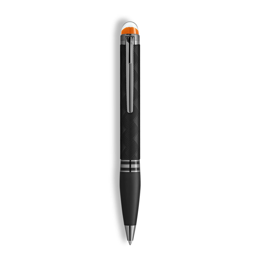 The Montblanc StarWalker Extreme Precious Resin Ballpoint Pen features a black body, ruthenium-coated fittings, textured grip, metal clip, and orange tip—an elegant addition to the Montblanc writing instrument collection.
