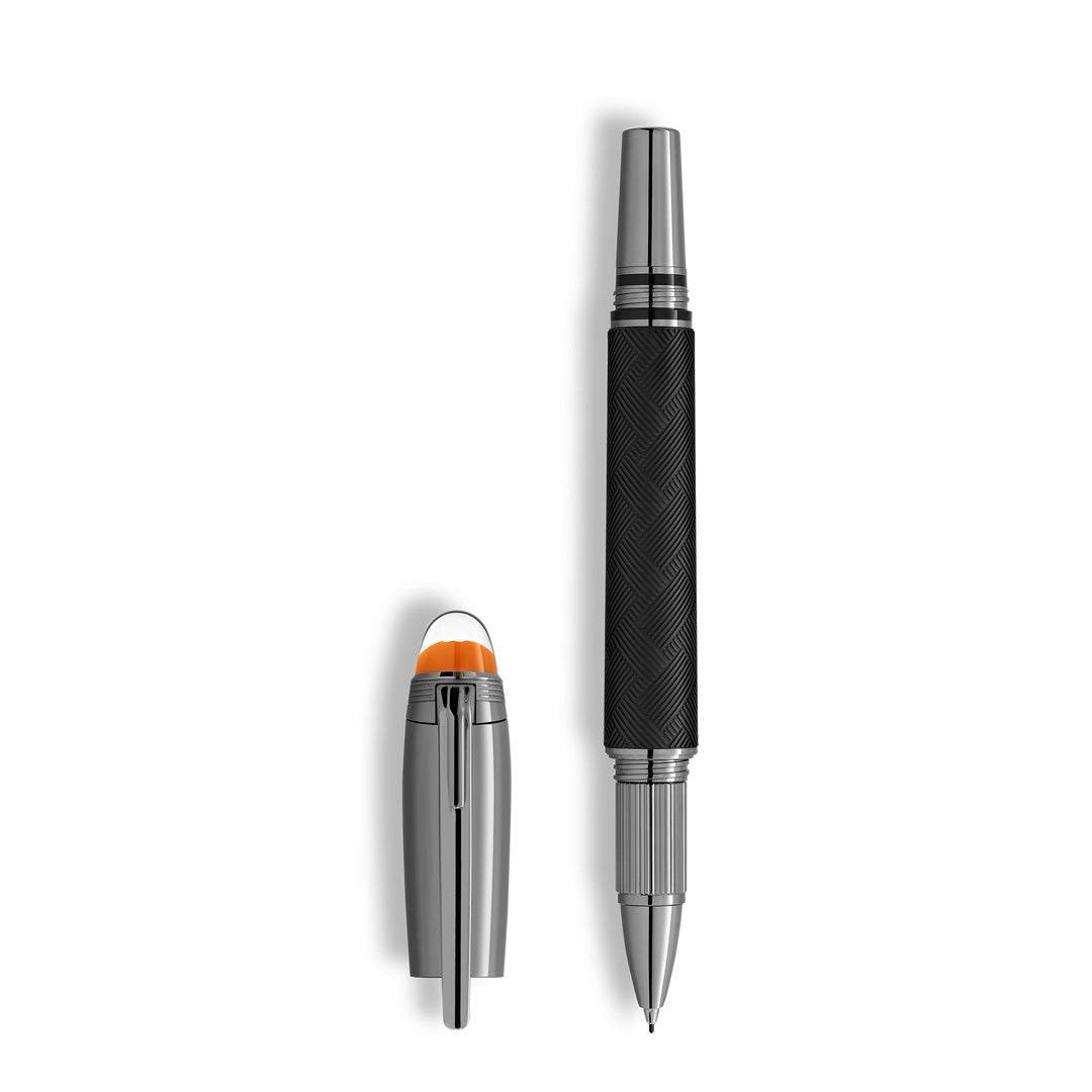 A Montblanc StarWalker Extreme Doue Fineliner Pen with a black and silver finish, ruthenium-coated textured grip, and orange-accented cap lies uncapped on a white background.