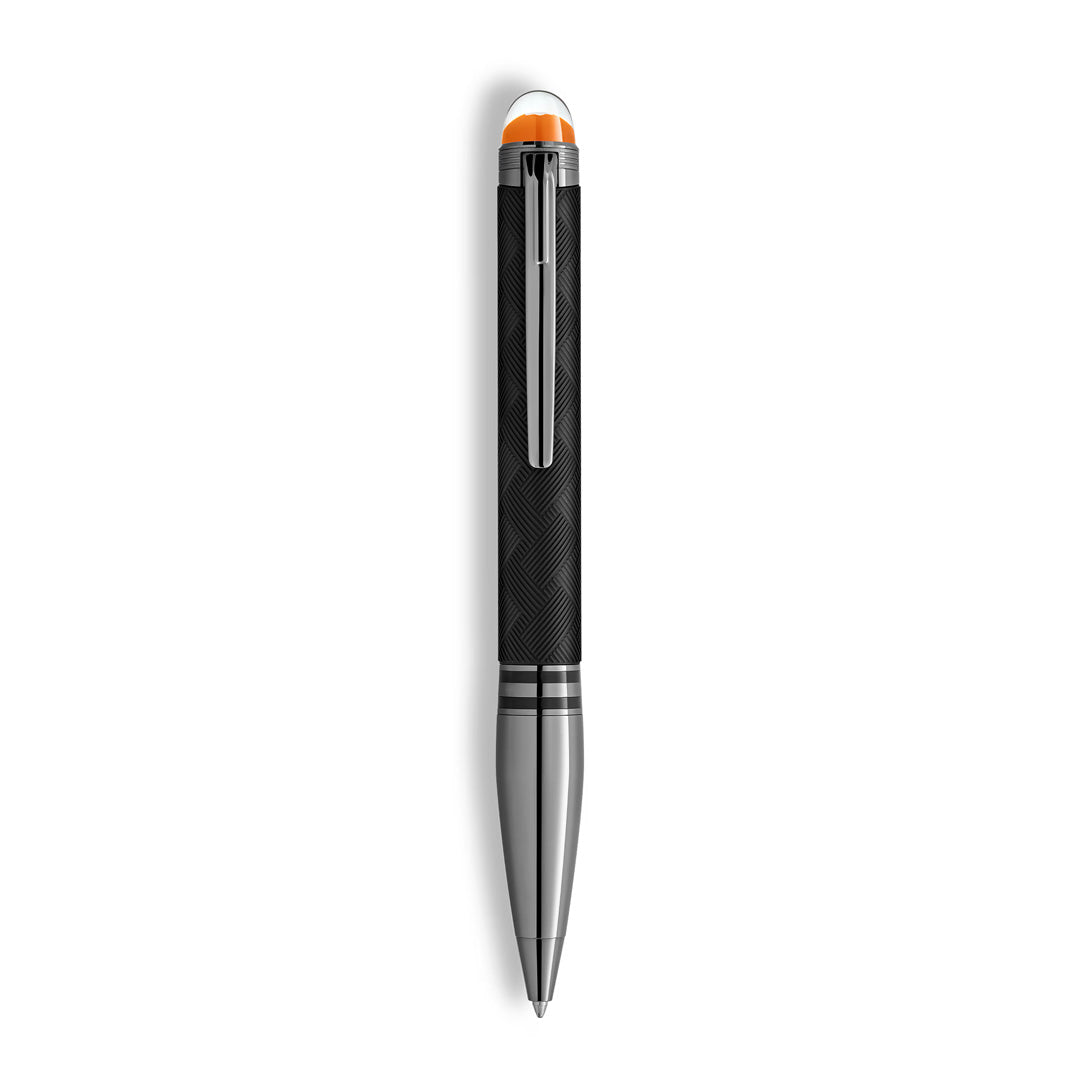 The Montblanc StarWalker Extreme Doue Ballpoint Pen features a black and silver ruthenium-coated finish, textured grip, silver clip, and an orange accent on top—a sophisticated addition to the Montblanc luxury writing collection.