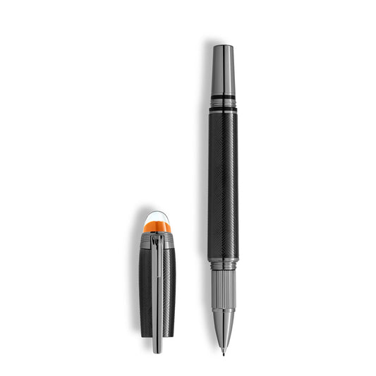 A Montblanc StarWalker Extreme Metal Fineliner Pen with a textured black finish and silver accents is shown uncapped, its cap standing upright beside it, emphasizing the modern luxury design against a white background.