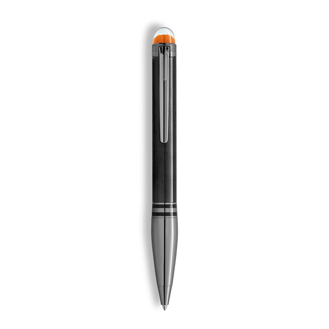 The Montblanc StarWalker Extreme Metal Ballpoint Pen by Montblanc features a sleek black and silver textured body, metallic clip, orange top accent, and ruthenium-coated fittings—captured against a white background.