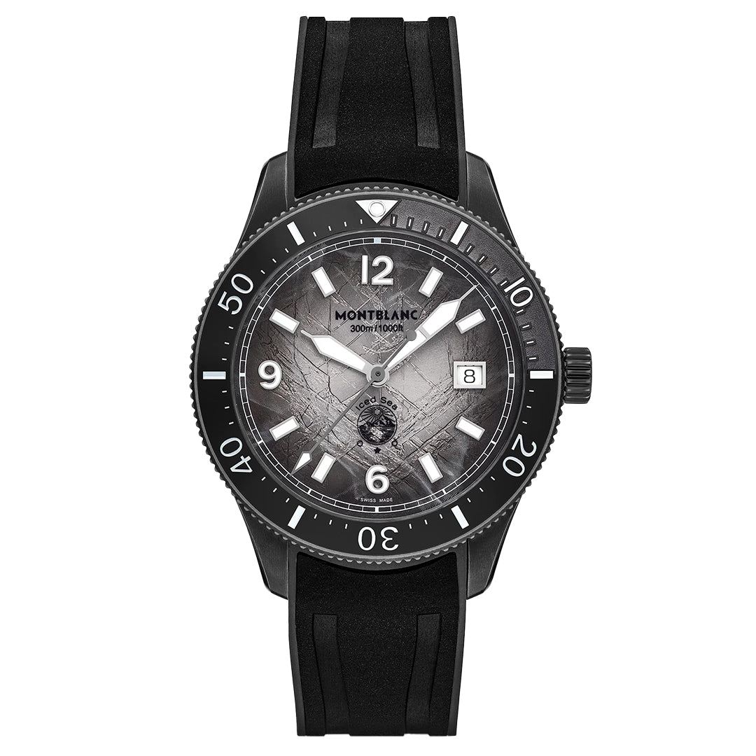 The Montblanc Iced Sea Automatic Date 0 Oxygen 41mm Watch features a black rubber strap, black bezel, gray glacier-pattern dial with a world map, white hour markers, and date at 3 o’clock—ideal for scuba diving.