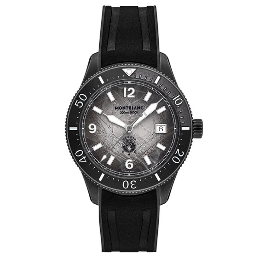 The Montblanc Iced Sea Automatic Date 0 Oxygen 41mm Watch features a black rubber strap, black bezel, gray glacier-pattern dial with a world map, white hour markers, and date at 3 o’clock—ideal for scuba diving.