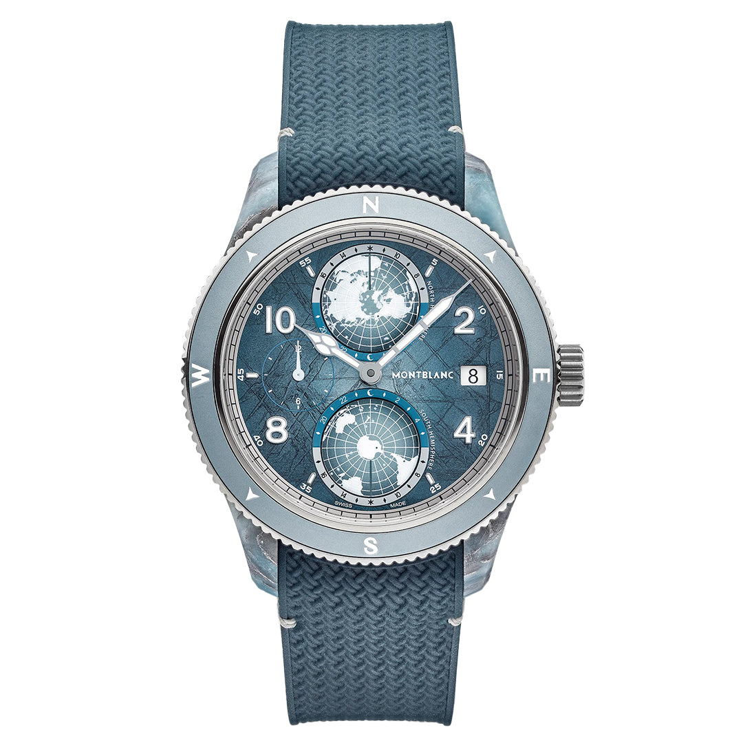 The Montblanc 1858 Geosphere 0 Oxygen Mount Vison Automatic 43.5mm Watch, limited to 986 pieces, features a blue textured strap and dial with map designs, three subdials, white hour markers, date display at 3 o’clock, and a compass-marked silver bezel.