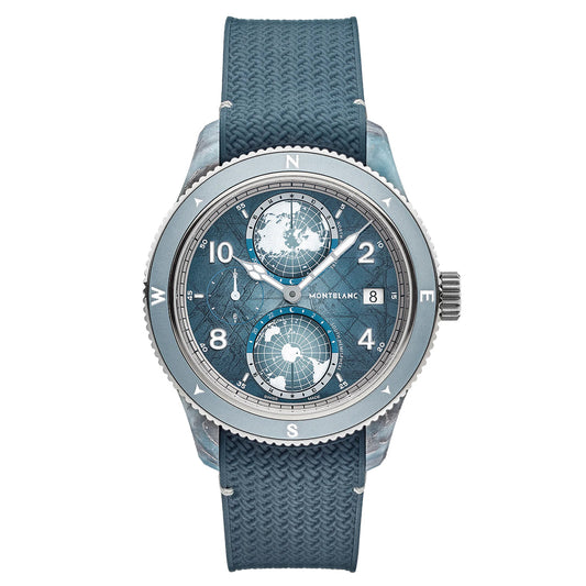 The Montblanc 1858 Geosphere 0 Oxygen Mount Vison Automatic 43.5mm Watch, limited to 986 pieces, features a blue textured strap and dial with map designs, three subdials, white hour markers, date display at 3 o’clock, and a compass-marked silver bezel.