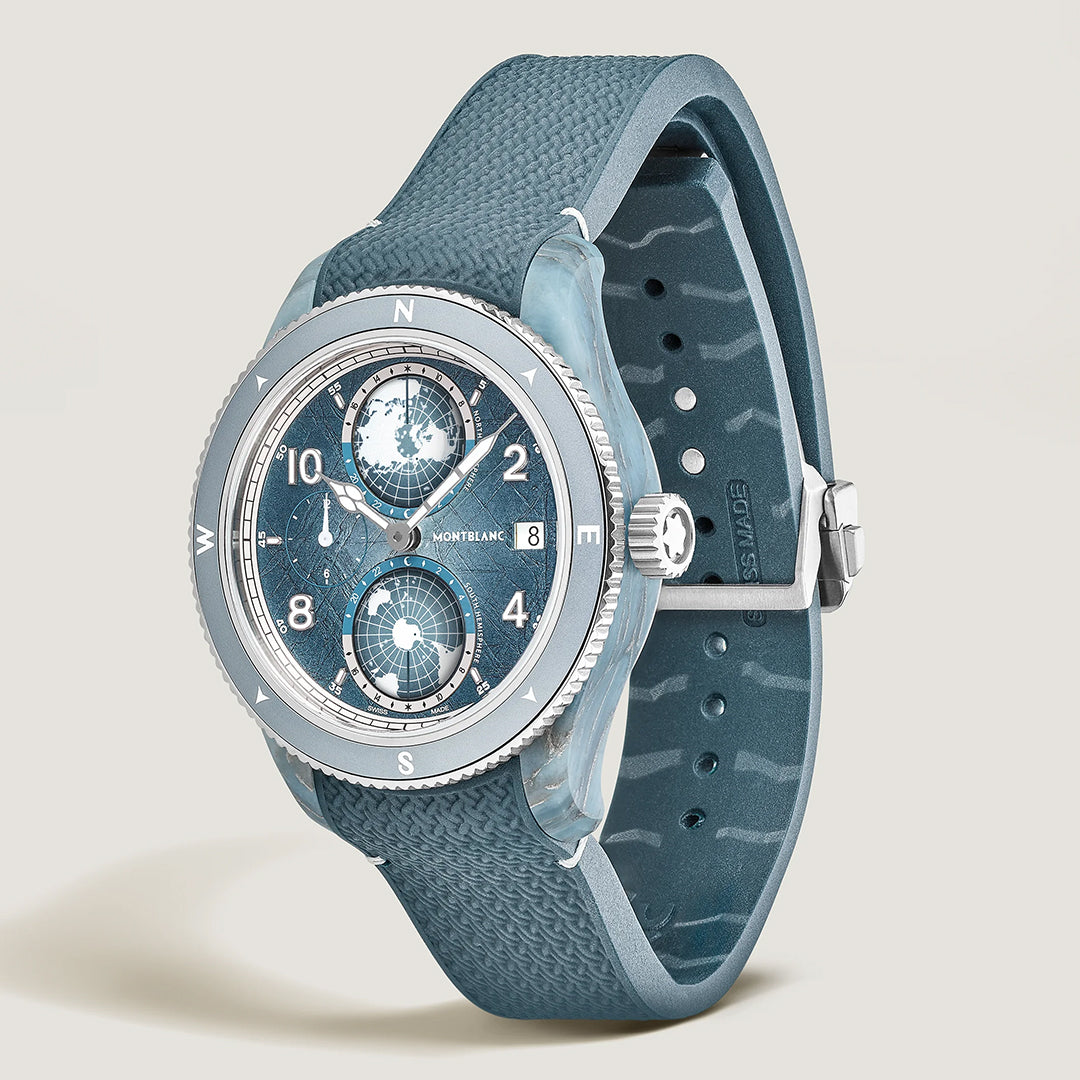 Montblanc 1858 Geosphere 0 Oxygen Mount Vinson Automatic 43.5mm Watch Limited Edition of 986 features a blue dial with two subdials, date window, silver accents, and textured strap inspired by Mount Vinson expeditions.