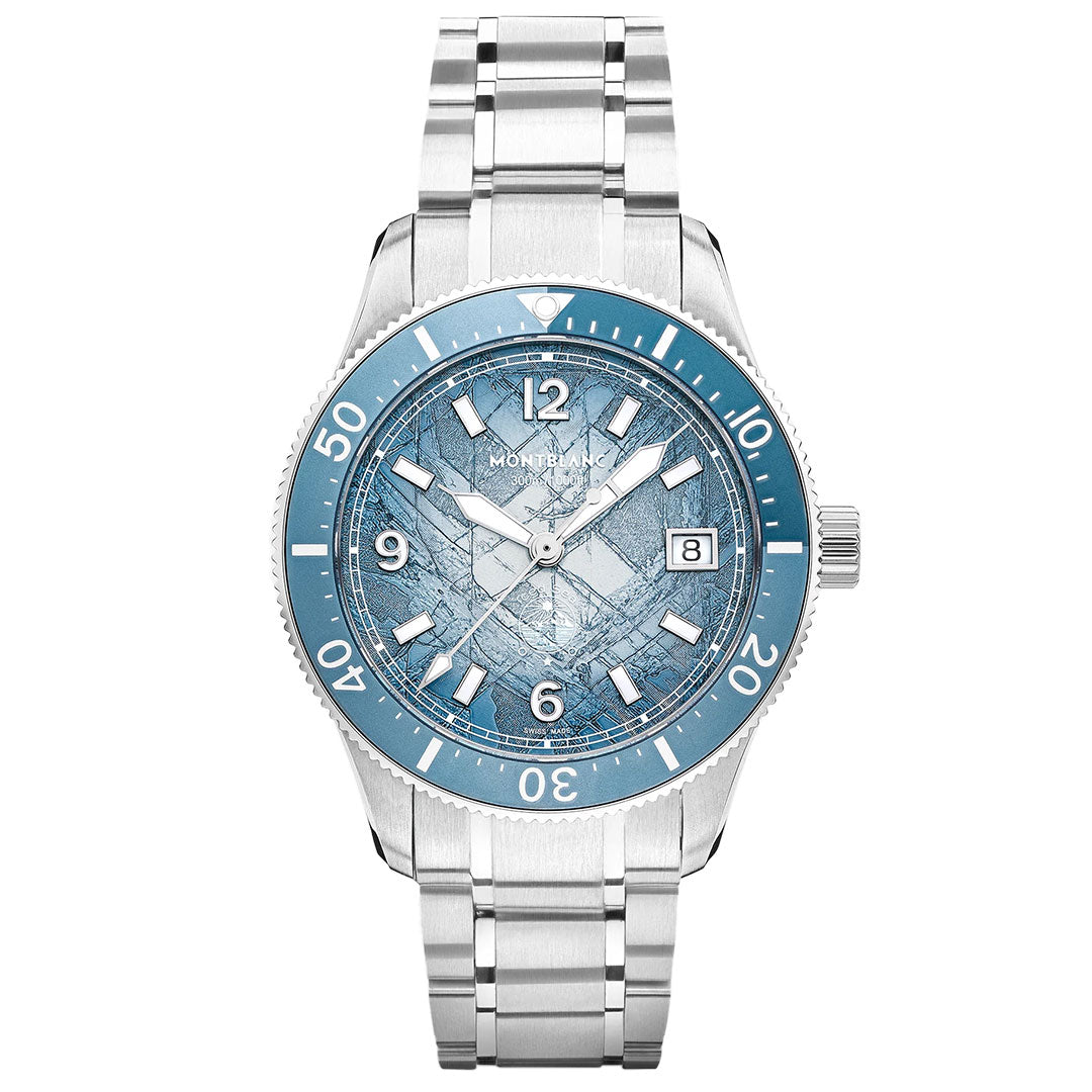 The Montblanc Iced Sea Automatic Date 0 Oxygen 38mm Watch features a stainless steel case, blue bezel, glacier pattern dial with white numerals, date display at 3 o'clock, and a metal link bracelet.