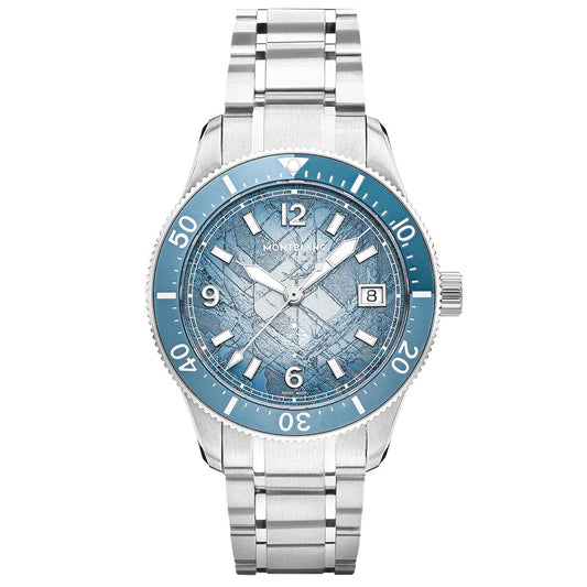 The Montblanc Iced Sea Automatic Date 0 Oxygen 38mm Watch features a stainless steel case, blue bezel, glacier pattern dial with white numerals, date display at 3 o'clock, and a metal link bracelet.