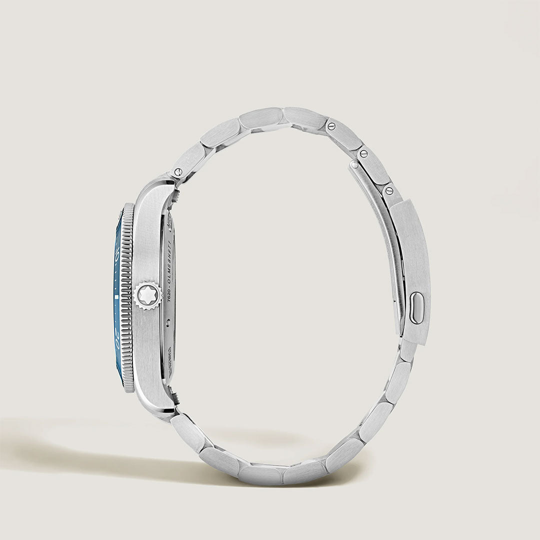 Side view of the Montblanc Iced Sea Automatic Date 0 Oxygen 38mm Watch, featuring a metal link band and glacier-patterned dial. The watch is shown vertically against a plain light background, highlighting its slim profile and clasp.