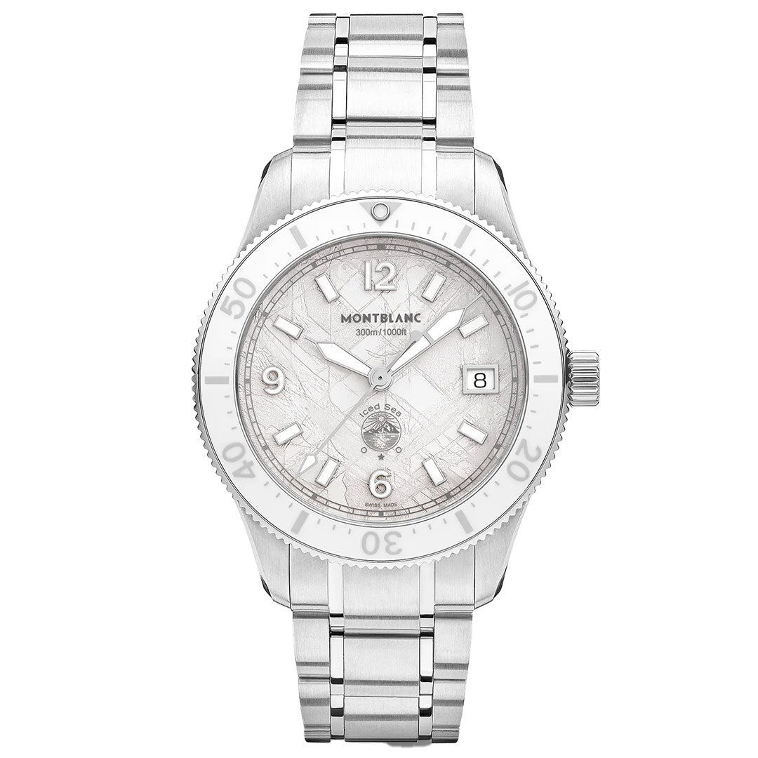 The Montblanc Iced Sea Automatic Date 0 Oxygen 38mm Watch features a metal band, glacier pattern dial, silver hour markers, date at 3 o'clock, rotating bezel, and is water resistant to 300m/1000ft.