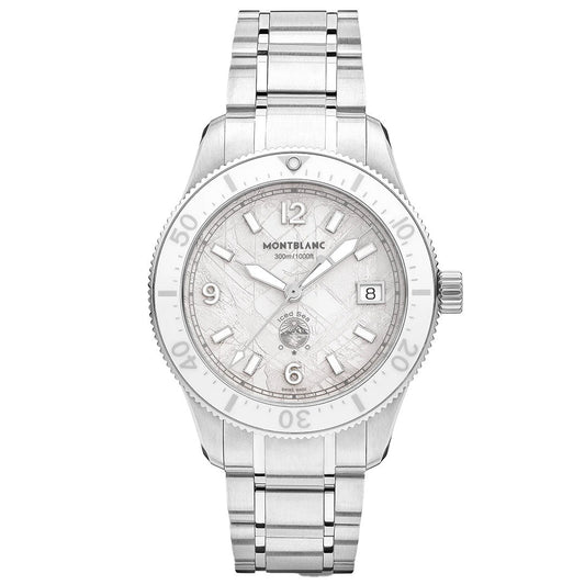 The Montblanc Iced Sea Automatic Date 0 Oxygen 38mm Watch features a metal band, glacier pattern dial, silver hour markers, date at 3 o'clock, rotating bezel, and is water resistant to 300m/1000ft.
