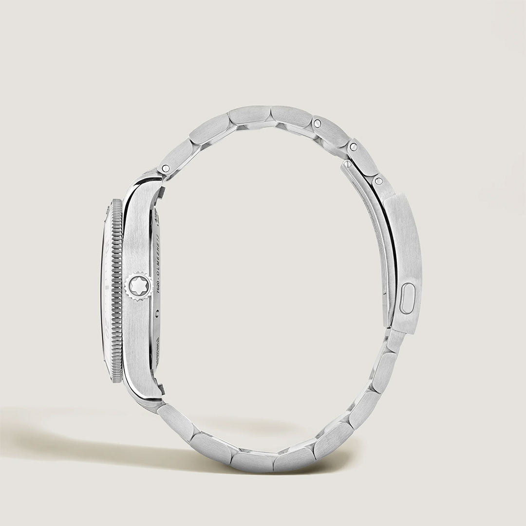 A Montblanc Iced Sea Automatic Date 0 Oxygen 38mm watch is shown from the side, featuring its substantial case, bezel, star-branded crown, and metal link bracelet against a plain light background.