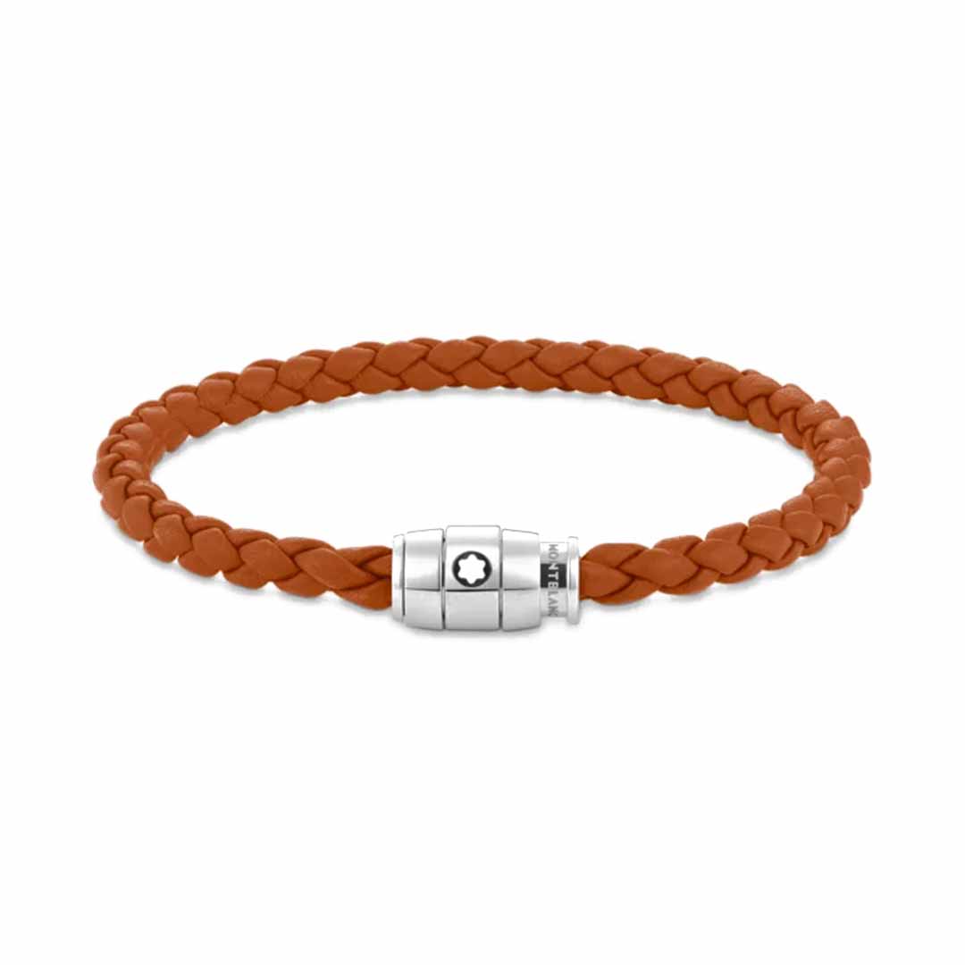 A rust leather braided bracelet with a polished stainless steel clasp adorned with a small black and white Montblanc emblem from the Montblanc Meisterstück Collection.